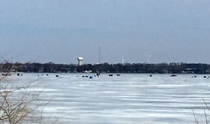 (photo by Steve Weisman) Just a few of the “towns” of anglers spread out across the middle of East Okoboji last weekend. 