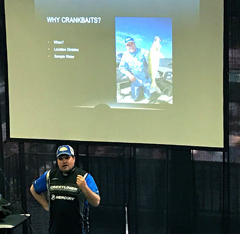 (photo by Steve Weisman) Mitchell shares his expertise on Advanced Trolling Tips during the recent Sioux Falls Sports Show.